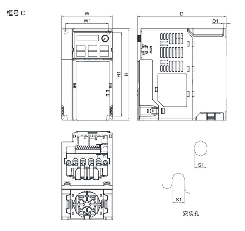臺(tái)達(dá)變頻器 VFD5A5MS43ANSAA 的安裝尺寸